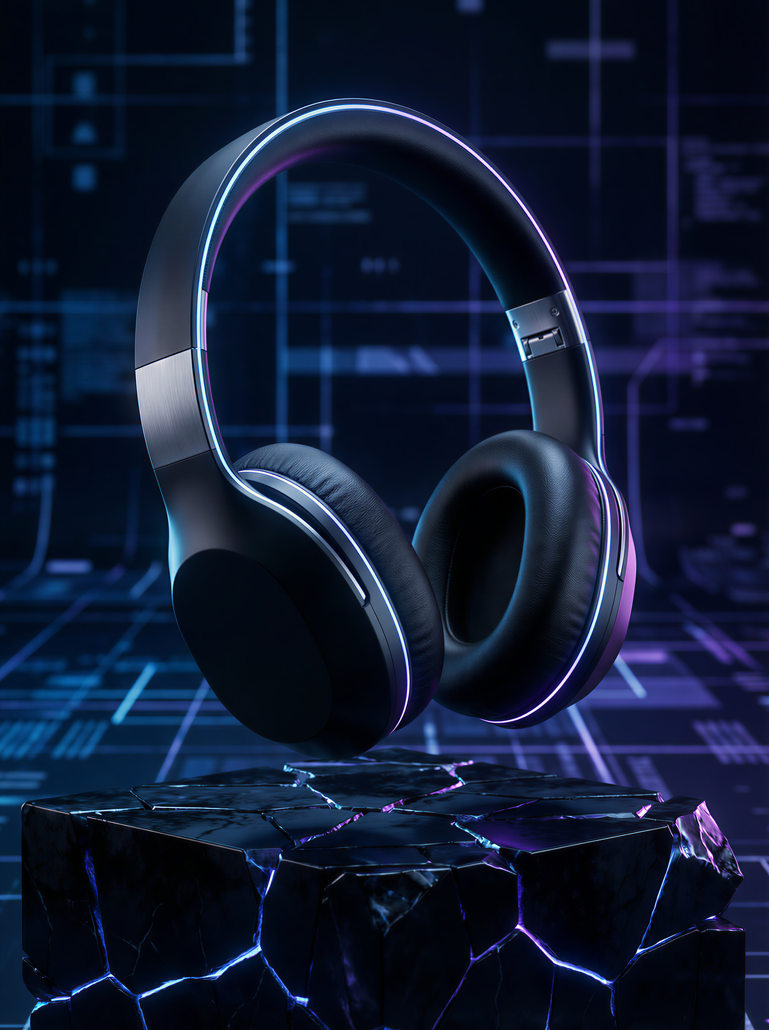 High-end commercial product photography of sleek, matte black wireless headphones. The headphones are suspended mid-air above a cracked black obsidian surface. Cool blue and purple neon rim lighting accents the edges and curves of the device. Deep shadows. The background is a futuristic blurred data grid. Focus on the metallic texture and leather earcups. Premium tech vibe.