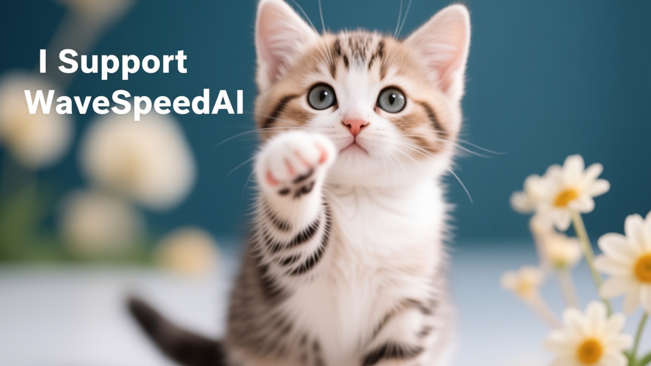 The kitten raised one leg and pointed it at the screen with the text: I support WaveSpeedAI