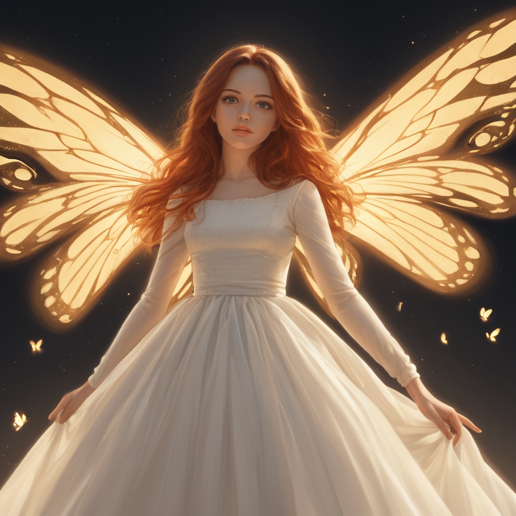 A young woman with flowing auburn hair, wearing a soft cream-colored dress, standing in a sunlit meadow with floating butterflies, golden hour lighting, dreamy and ethereal atmosphere, ultra-realistic style.