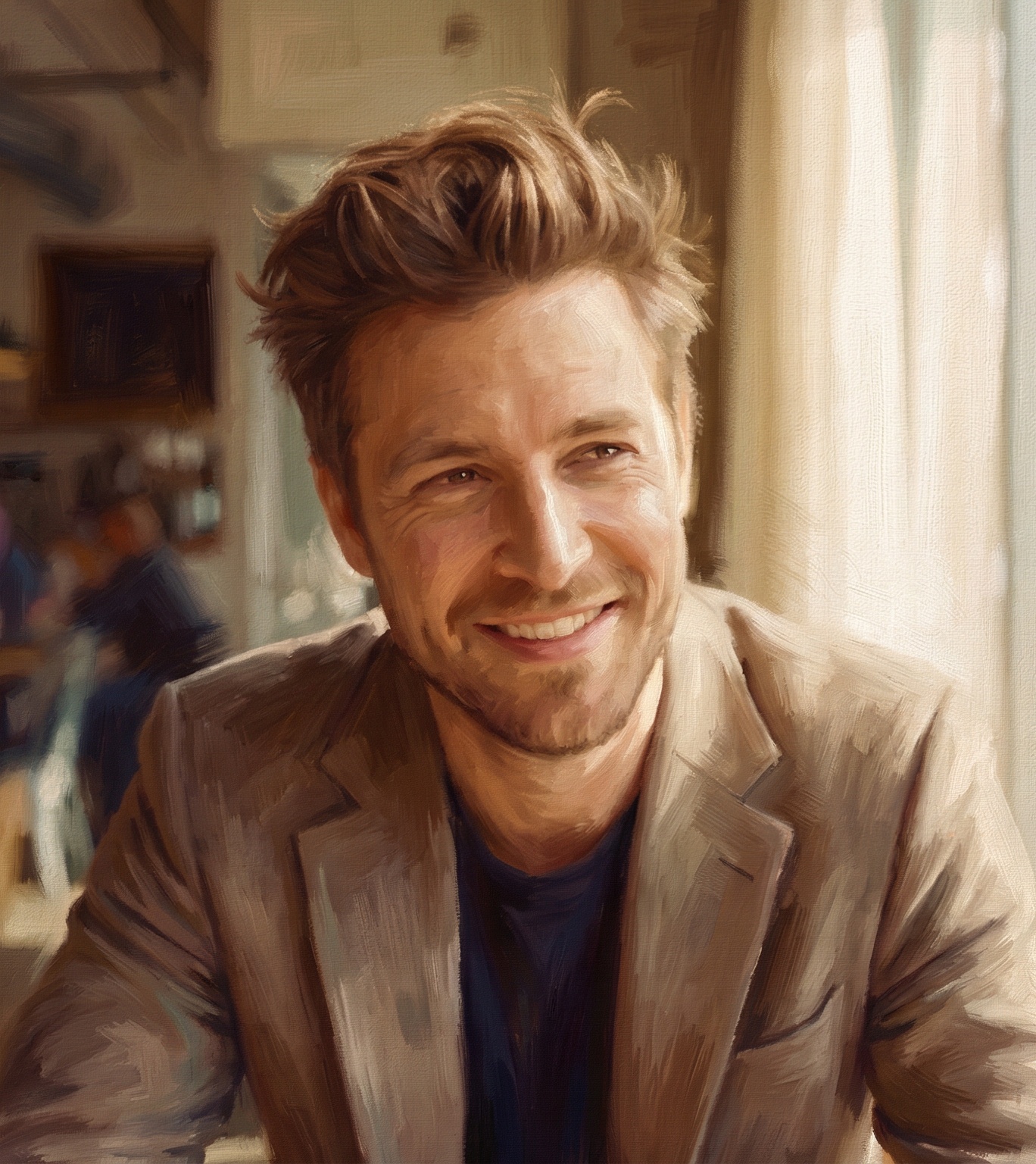 Stylized edits of the reference portrait photo. Keep the same man, face, expression, hairstyle, pose, camera angle and café background. Generate TWO versions in different art styles:

A soft painterly oil-portrait style with a warm color palette, visible brushstrokes, gentle lighting and a slightly textured canvas look, like a classic indoor painting.

A clean modern 2D cartoon / anime illustration style with simplified shapes, smooth line art, flat shading with subtle gradients, brighter colors and slightly exaggerated facial features.

For both versions, preserve the man’s likeness and overall framing while completely changing the visual rendering style.