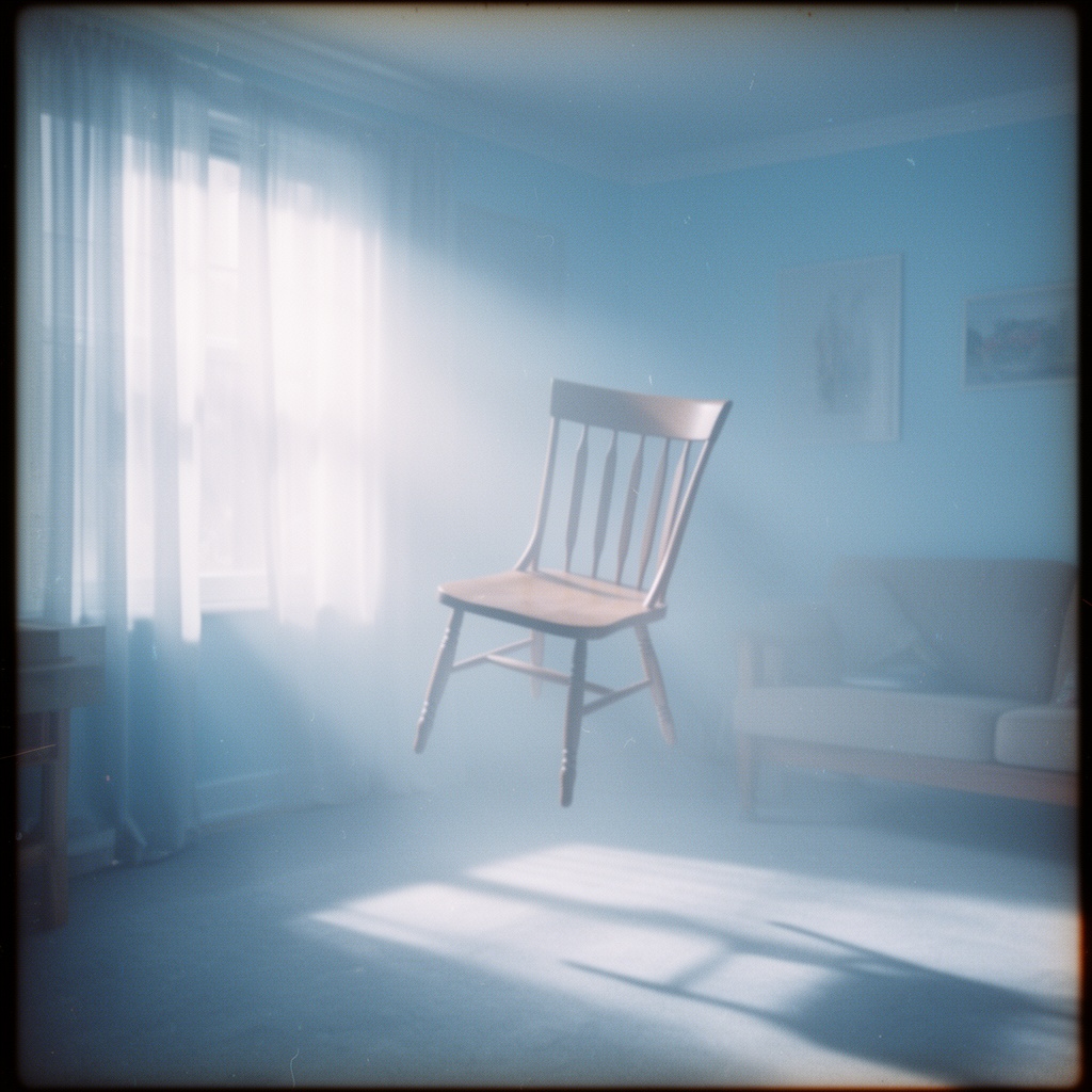 A wooden chair floating gently in a fog-tinted living room, pastel blue haze, warped perspective, nostalgic dreamcore mood, soft light beams through curtains, grainy DV aesthetic, drifting shadows, surreal calm atmosphere, highly detailed textures.