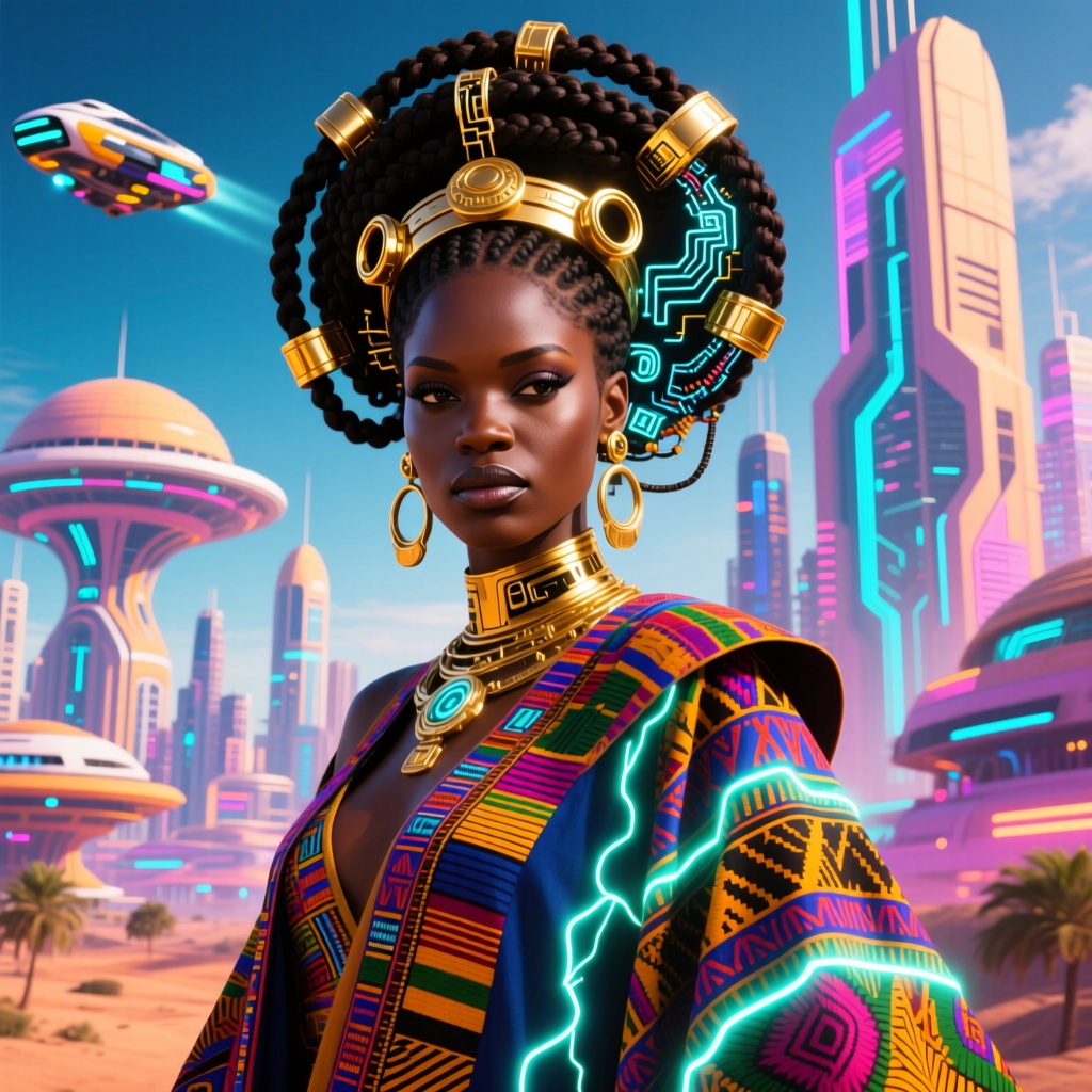 A majestic Afrofuturist queen with magnificent braided hair adorned with golden rings and cybernetic circuits. She wears a vibrant robe that merges traditional Kente patterns with glowing energy lines. The background is a futuristic African metropolis with unique architecture and flying vehicles. Vibrant, vivid colors, sci-fi art, character portrait.

