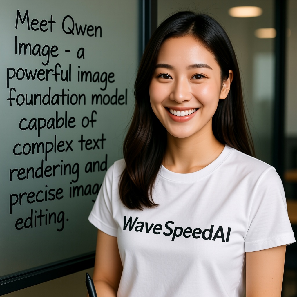 A beautiful Chinese woman wearing a “WaveSpeedAI” logo T-shirt is smiling at the camera with a black marker. Behind her, a glass panel reads in handwriting, "Meet Qwen Image - a powerful image foundation model capable of complex text rendering and precise image editing."