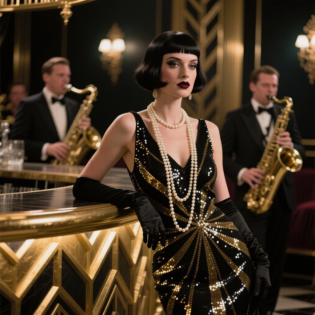 A glamorous woman with a sharp bob haircut and dark lipstick. She is dressed in a stunning black and gold sequined flapper dress with long pearls. She leans against a gilded Art Deco bar, with a jazz band softly blurred in the background. Sophisticated, low-key lighting creates a luxurious and intimate mood, Great Gatsby era, glamorous, geometric patterns.

