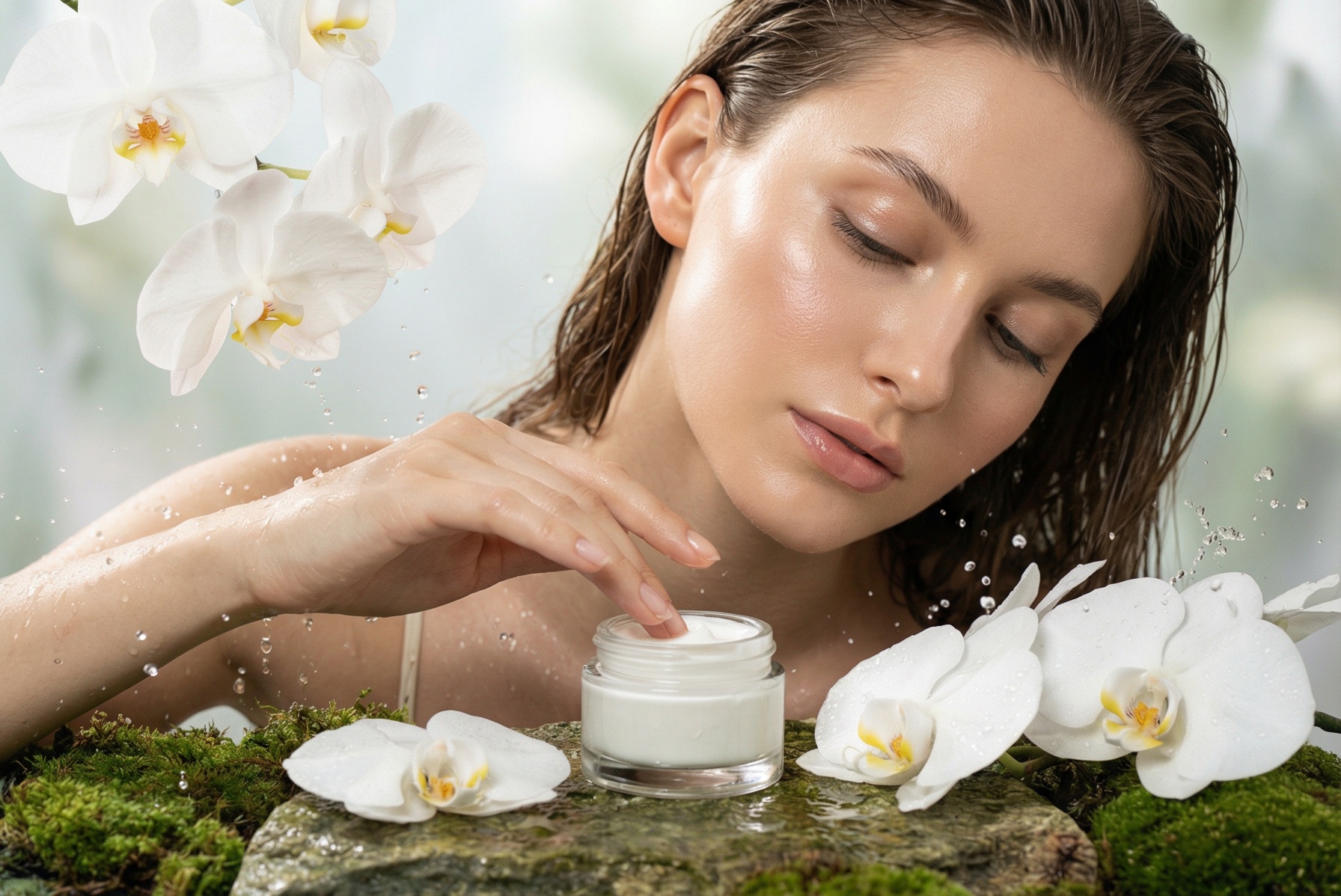 High-end beauty editorial photography. A graceful fashion model with flawless, dewy, glowing skin and gently pulled-back wet-look hair is sitting amidst the mossy, natural stone surface. Her elegant hand, with natural manicured nails, is gently dipping into the open clear glass jar of luxurious, rich white moisturizing cream. Dewy white orchid petals, green leaves, and splashing clear water droplets surround her and the product. Soft, natural diffused daylight illuminating her face and the creamy texture. Serene expression, eyes slightly closed in enjoyment. Organic, pure hydration concept. 8k details, shot on Hasselblad.