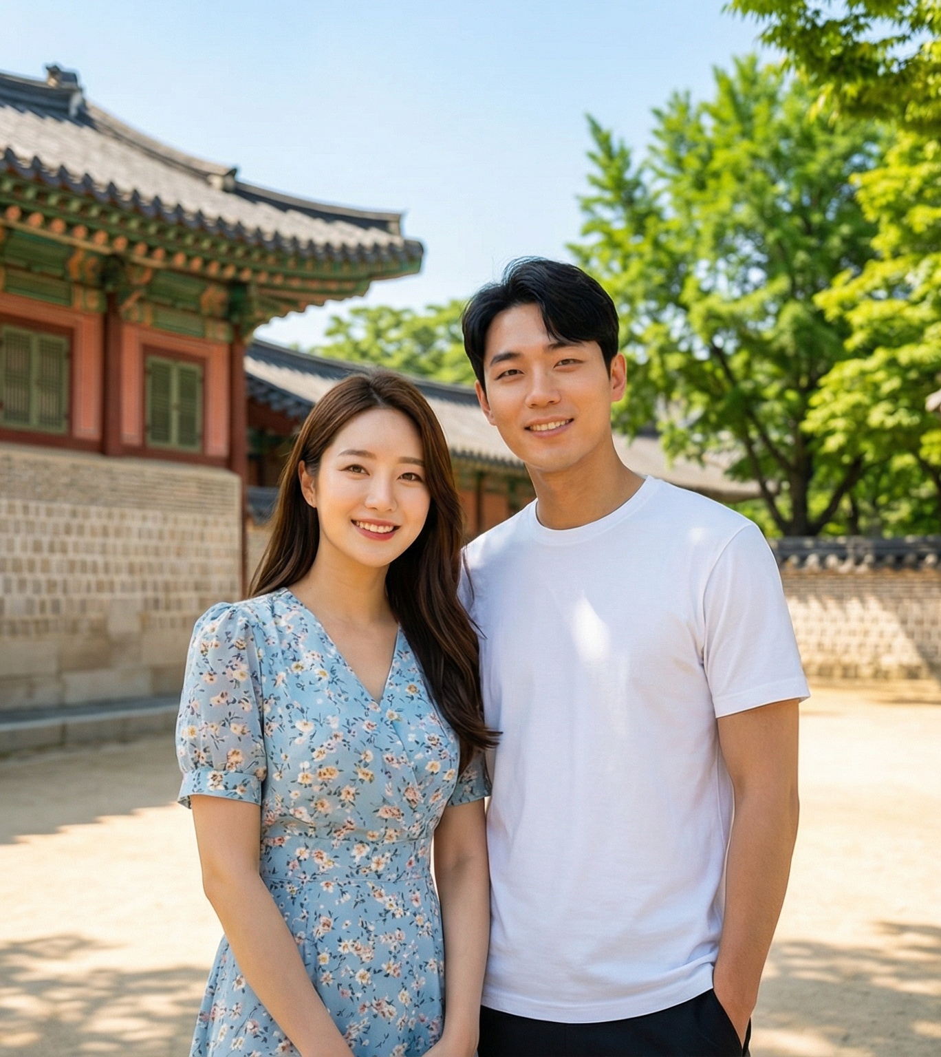 Photo-realistic edits of the reference couple portrait. Keep the same man and woman, faces, expressions, pose, camera angle and framing. Generate TWO versions of the image:

Summer version: change the background to a bright summer scene with lush green trees and clear blue sky. No red autumn leaves. Dress the woman in a light summer outfit (short-sleeved blouse or thin dress) and the man in a T-shirt or light shirt without a jacket. Warm daylight, fresh colors, relaxed vacation atmosphere.

Winter version: change the background to a cold winter scene with bare trees, snow on the ground and rooftops, and a pale winter sky. Dress the woman in a thick wool coat, scarf and gloves, and the man in a padded winter jacket with visible layers. Cooler color temperature, soft winter daylight.

For both versions, keep the couple’s identity and pose consistent, and blend them naturally into the new background with realistic lighting and shadows.