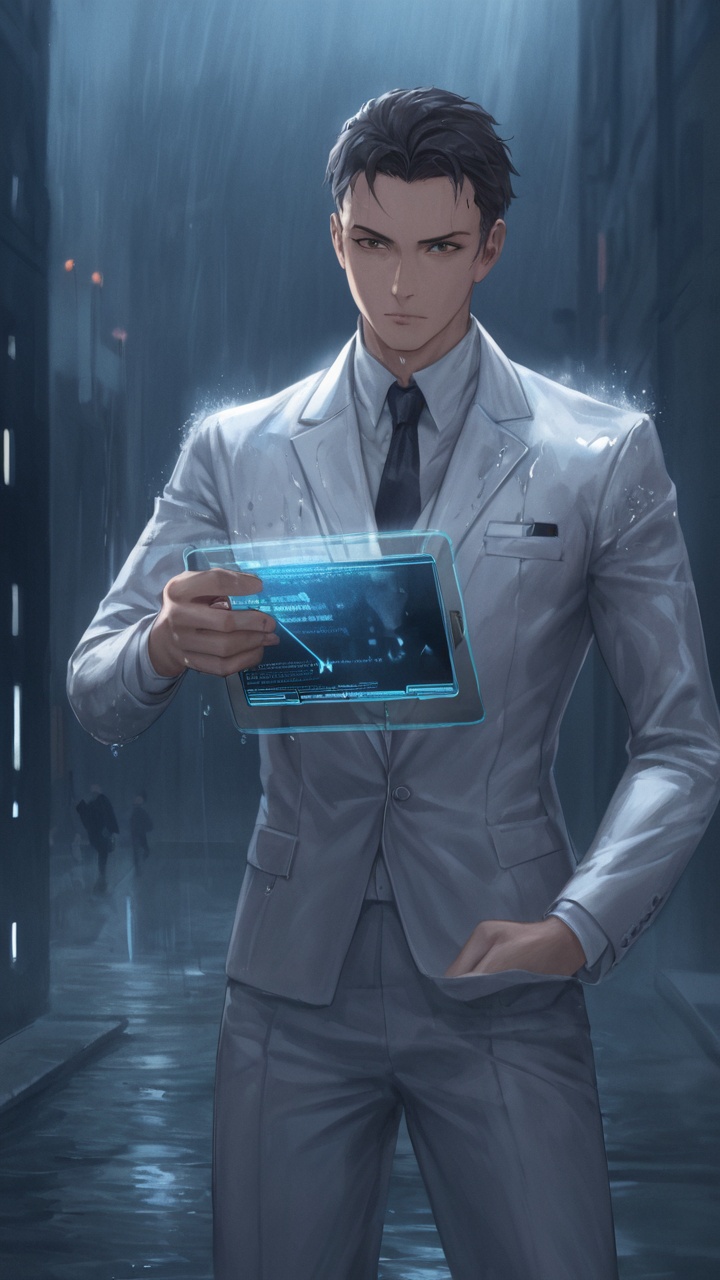 A man with iridescent eyes and sleek silver suit, holding a holographic tablet, neon rain falling around him, reflections on wet streets, dynamic pose, high-definition sci-fi portrait.
