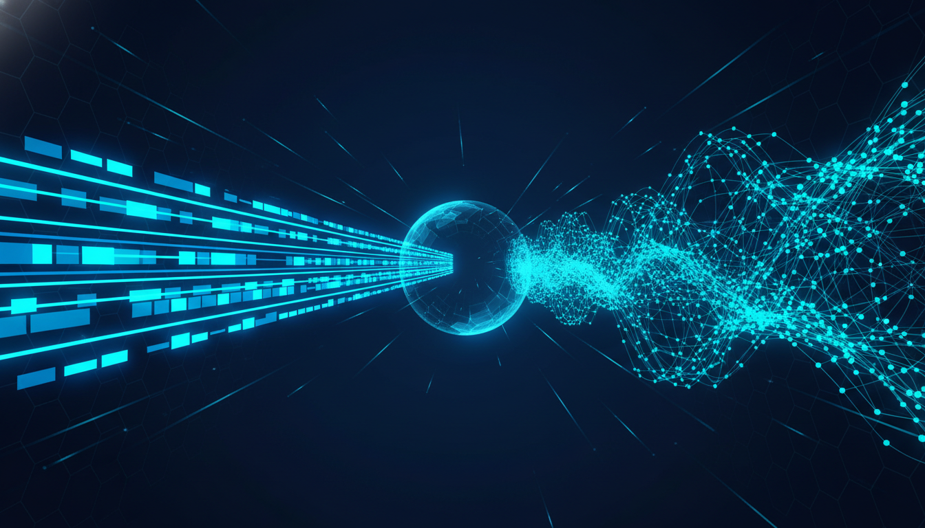An abstract image comparing a rigid, linear automation path with a flexible, networked workflow, symbolizing the difference b