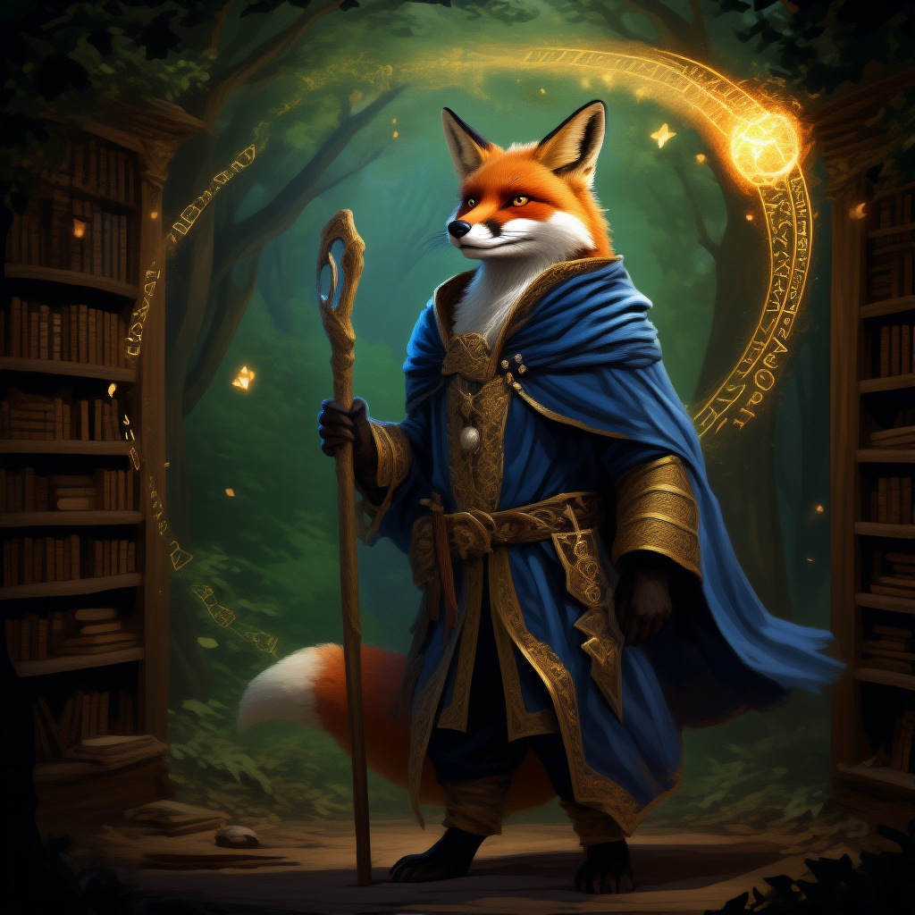 An anthropomorphic red fox mage, wearing ornate blue and gold robes, holding a glowing staff, standing in an enchanted forest library, magical runes glowing in the air, detailed fur texture, fantasy art style , majestic and wise.