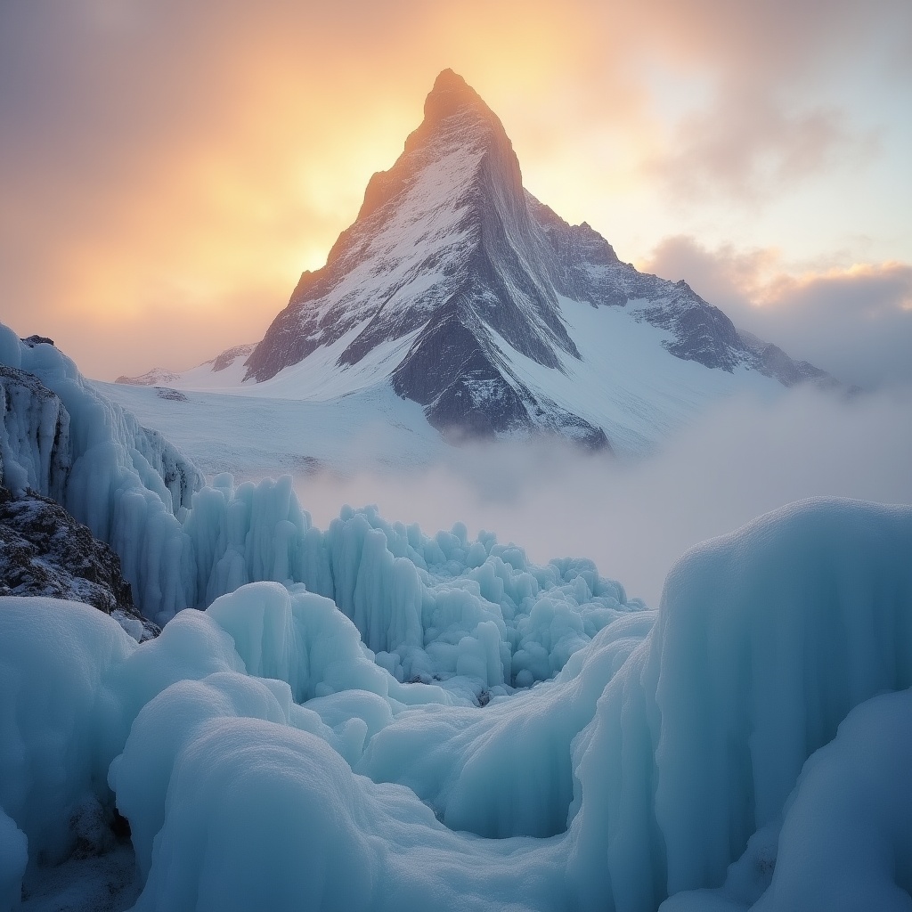 Nature documentary capture on Hasselblad X2D 100C with XCD 90V lens at f/4: [Majestic snow-capped mountain peak emerges through swirling morning mist], [golden sunrise light catches crystalline ice formations], creating [ethereal alpenglow effect]