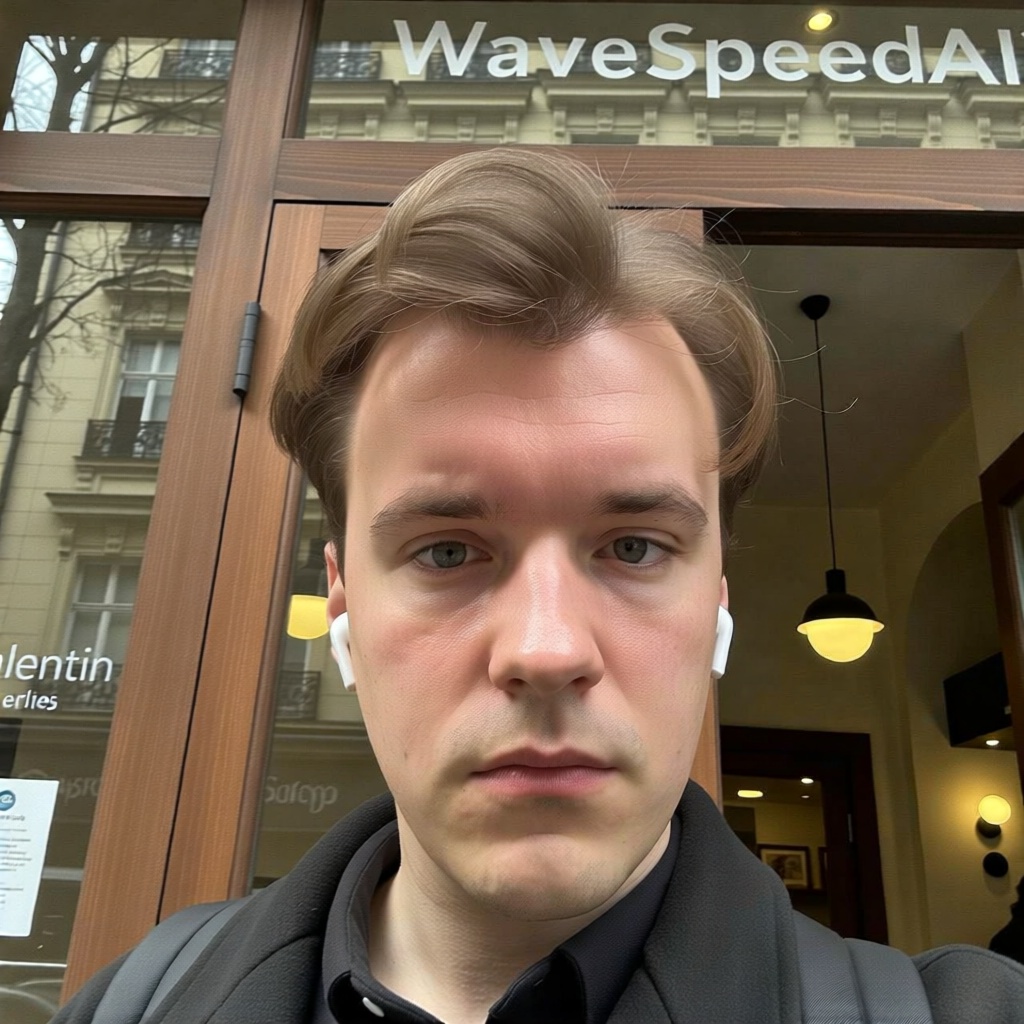 Valentin in a natural daylight selfie at a cafe entrance. He looks seriously into the camera, wearing a black coat or jacket and wireless earbud. Background includes wooden frames, warm pendant lights, and urban cafe details. With text "WaveSpeedAI"