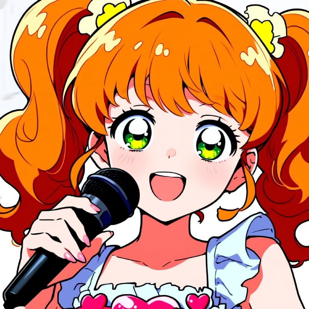 Close-up of a cheerful anime idol girl with wavy orange twin tails and sparkling green eyes, holding a mic, wearing a frilly idol outfit with heart motifs, 90s anime aesthetic, bright cel shading, expressive face, nostalgic anime vibe