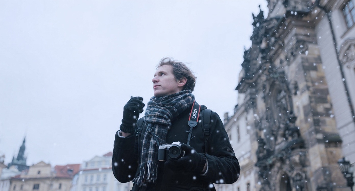 Transform the scene to light snowfall in the same location. The scarf has tiny snowflakes on it, and the person’s breath is visible in the cold air.