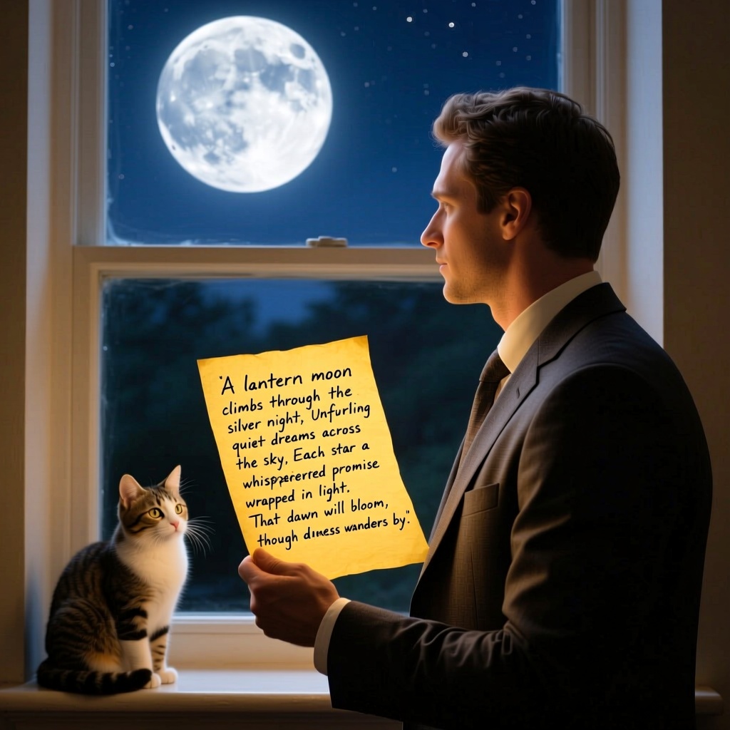 A man in a suit is standing in front of the window, looking at the bright moon outside the window. The man is holding a yellowed paper with handwritten words on it: "A lantern moon climbs through the silver night, Unfurling quiet dreams across the sky, Each star a whispered promise wrapped in light, That dawn will bloom, though darkness wanders by." There is a cute cat on the windowsill.