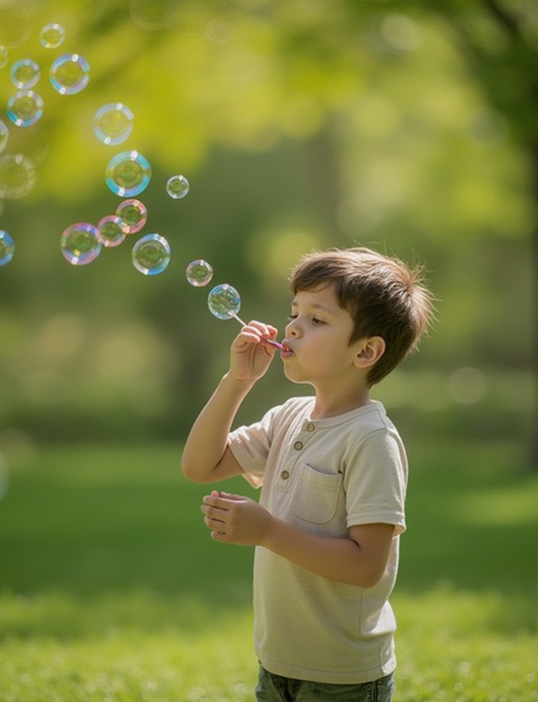 A write boy blowing bubbles in the park on a sunny afternoon, vivid colors, cinematic composition, sharp focus, realistic skin textures, shallow depth of field