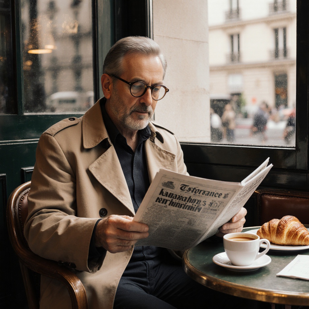 A middle-aged man reading a newspaper at a corner café in Paris, wearing a tan trench coat, round glasses, and brown leather shoes. His coffee cup is half full, a croissant sits beside it. Natural morning light filters through the window behind him.