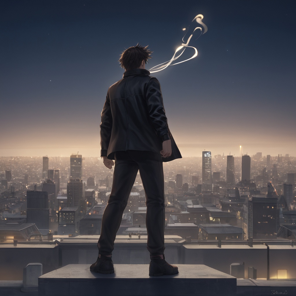 A strong male character with sharp features, wearing a modern leather jacket, standing on a rooftop at night with city lights in the background, wind blowing his hair, epic cinematic shot, dramatic lighting.