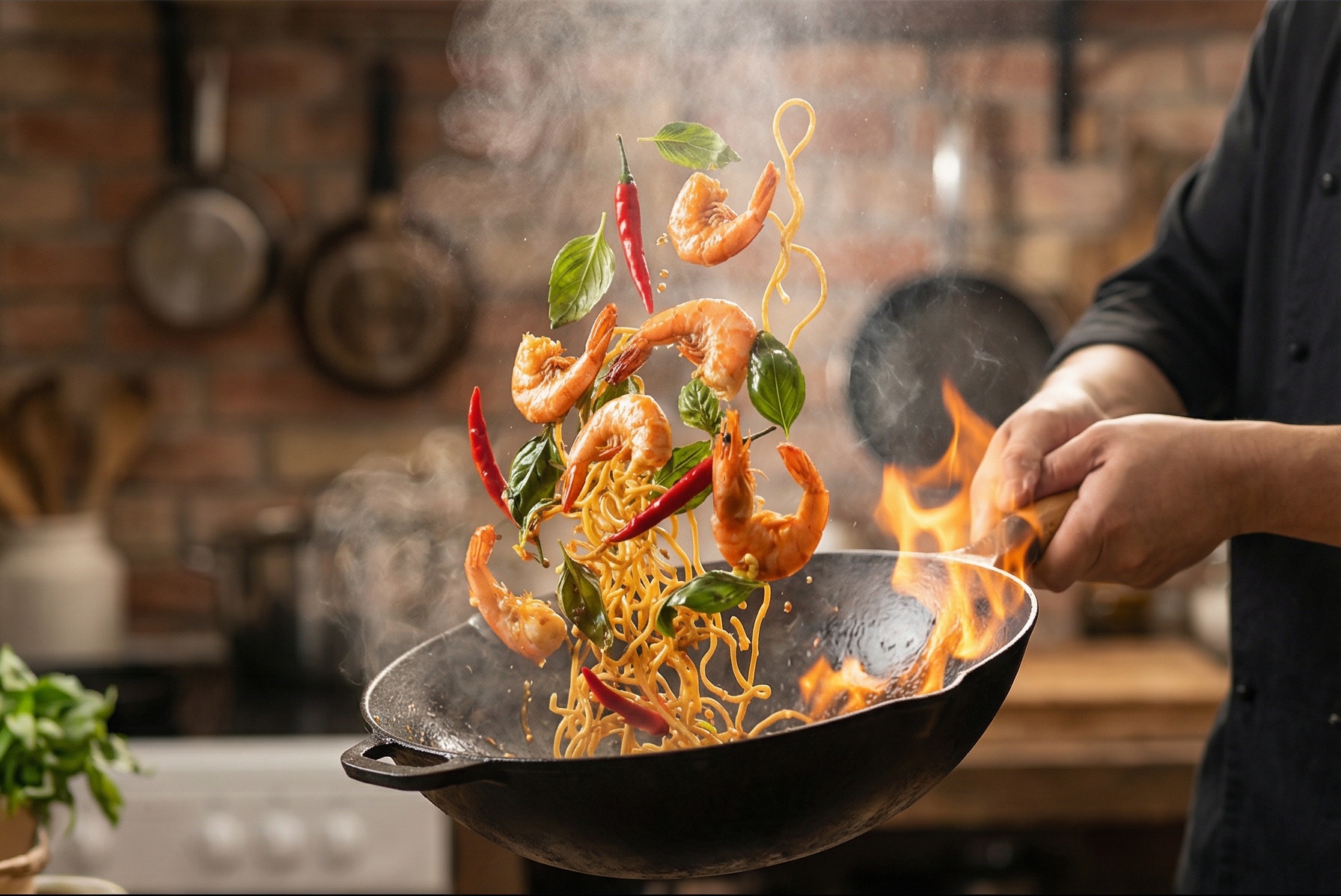 Dynamic commercial food photography. A chef tossing fresh ingredients in a smoking hot cast iron wok. Shrimp, bright red chili peppers, green basil leaves, and noodles are caught mid-air in a fiery toss. Flames (wok hei) licking the edges of the wok. Visible steam rising, backlit by warm light to highlight the vapor. Rich, vibrant colors, glistening oil textures. Shallow depth of field. Authentic, rustic kitchen setting. Mouth-watering, high speed capturing.