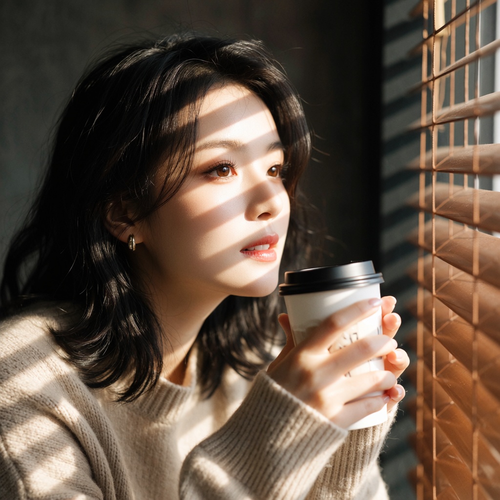 photo of a young chinese woman in her 20s, with shoulder-length wavy black hair and light makeup, sitting by the window in a vintage coffee shop, wearing a cozy beige sweater, holding a latte with both hands, gazing outside with a serene and focused expression, afternoon sunlight streams through the blinds creating soft light and shadow on her face, close-up shot, shallow depth of field, warm and healing mood, hyperrealistic, shot on Sony A7IV, 50mm f/1.8 lens.