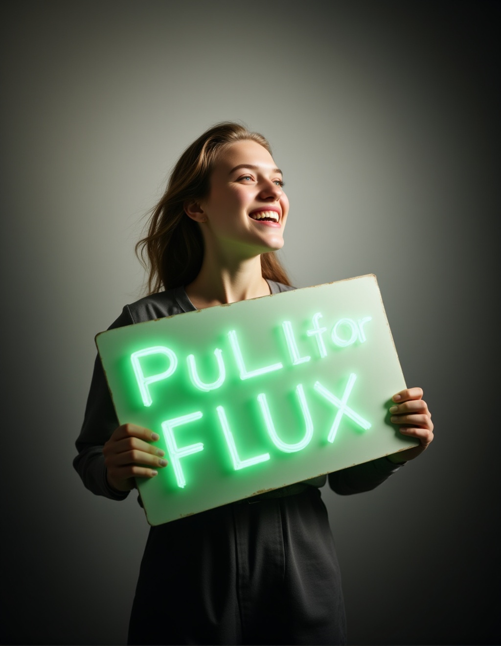 a woman holding sign with glowing green text \"PuLID for FLUX\"