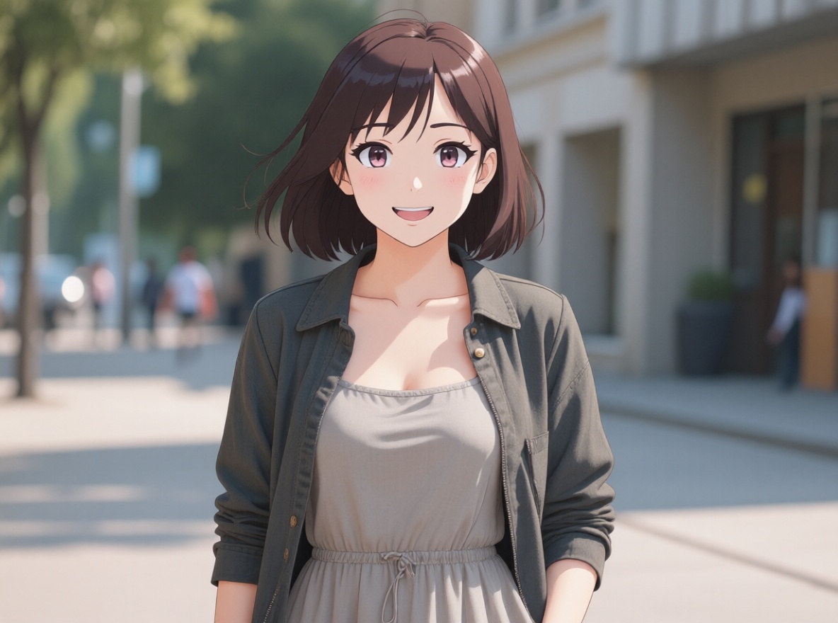 Real life Anime，Turn the girl into an anime character, with a real-life scene as the background.