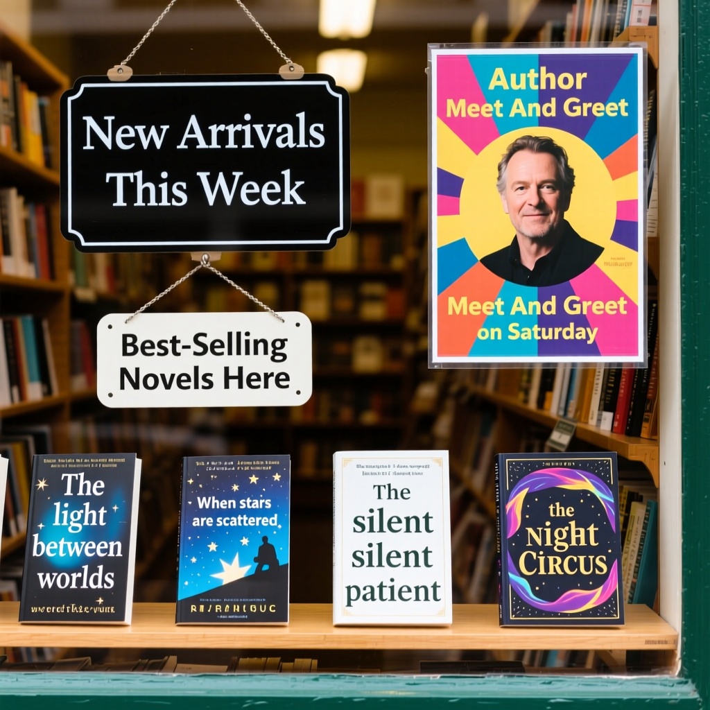 Bookstore window display. A sign displays "New Arrivals This Week". Below, a shelf tag with the text "Best-Selling Novels Here". To the side, a colorful poster advertises "Author Meet And Greet on Saturday" with a central portrait of the author. There are four books on the bookshelf, namely "The light between worlds" "When stars are scattered" "The slient patient" "The night circus"