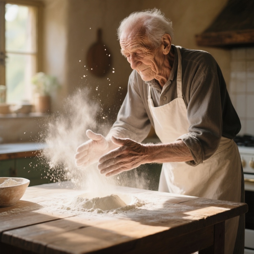 An elderly baker dusting flour onto a wooden table in a sunlit kitchen, deep wrinkles on his hands, flour particles suspended in the air, warm rustic tones and natural shadows
