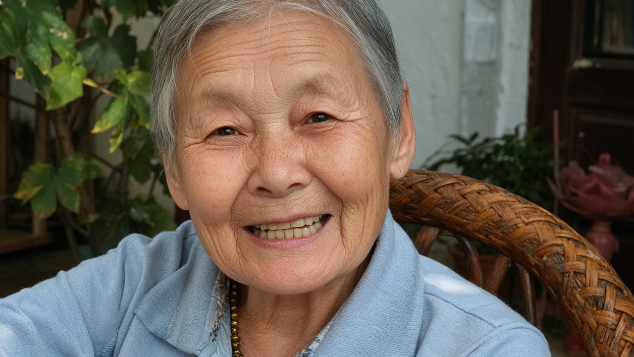 portrait of a kind, smiling elderly Chinese grandmother with wrinkles. she is sitting on a wicker chair in her courtyard. Sunlight filters through grapevine leaves, casting dappled light on her weathered face. documentary photography style, emphasizing realism, every wrinkle and spot on her skin is clearly visible, warm and soulful eyes, rustic texture.