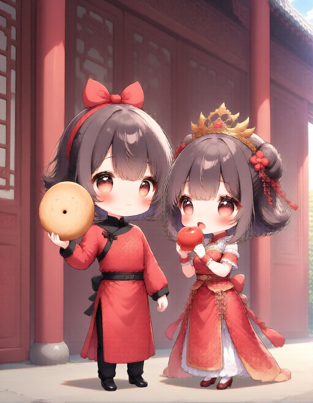 chibi,simple art,bold stroke, full body, Based on the woman in Figure 2 and the man in Figure 1, generate a wedding photo set, following these descriptions: The groom wears a red Chinese-style tunic, and the bride wears an exquisite Xiuhe dress, with a golden phoenix coronet on her head. They stand side by side in front of an ancient vermilion palace wall, with carved wooden windows in the background. The lighting is bright and soft, the composition is symmetrical, and the atmosphere is festive and solemn.