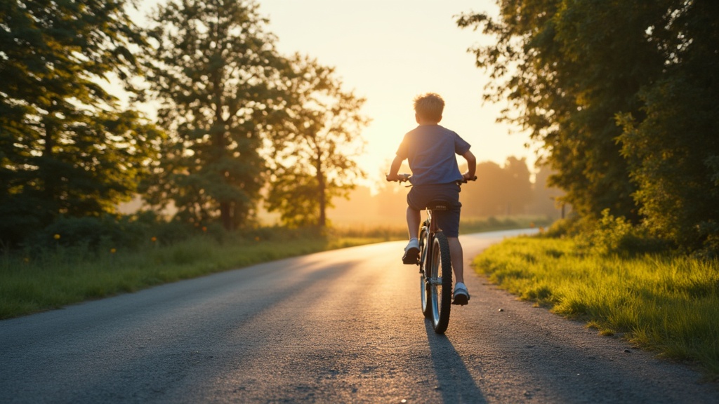 a boy riding a bicycle down a country road, viewed from behind, late afternoon, sun filtering through trees, motion blur on background, gentle atmosphere, no face visible

