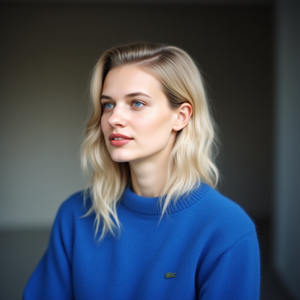 portrait of (white-haired:1.1) celebritygirl, wearing lacoste royal-blue sweater
