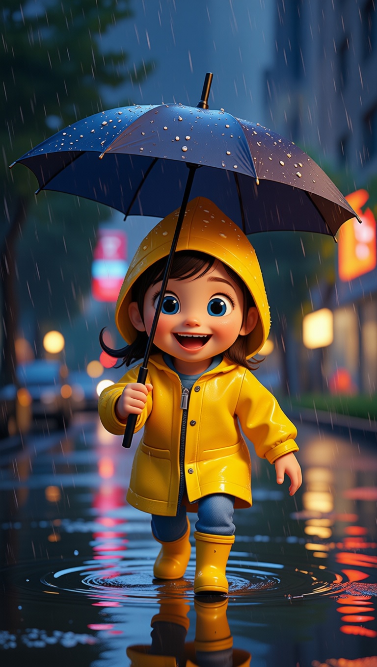 The girl walked in the rainy night, holding an umbrella.
