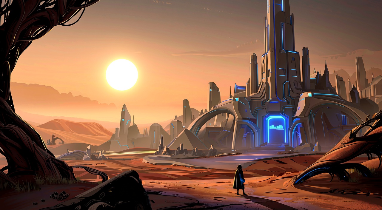 cinematic wide shot of a massive bio-mechanical city on a desert planet at dusk. Towers are fused with organic, plant-like structures. A lone wanderer in a weathered cloak walks towards the city gates. The twin suns are setting, casting long shadows and a deep orange glow across the landscape. Matte painting, epic scale, concept art in the style of Syd Mead and John Harris. 