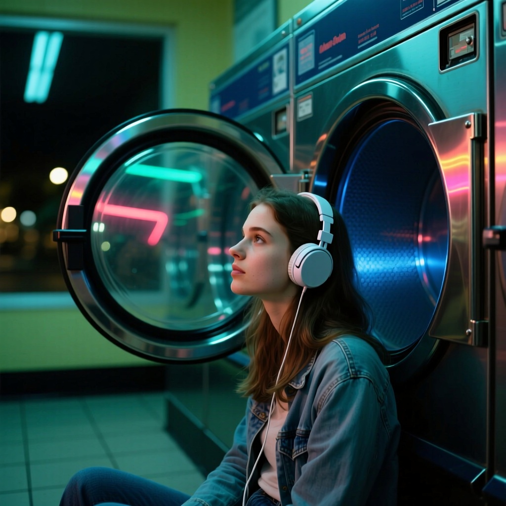Realism, a young woman sitting alone in a laundromat at midnight, wearing headphones, staring at the rotating dryer drum, neon reflections on the glass, subtle expression of nostalgia on her face
