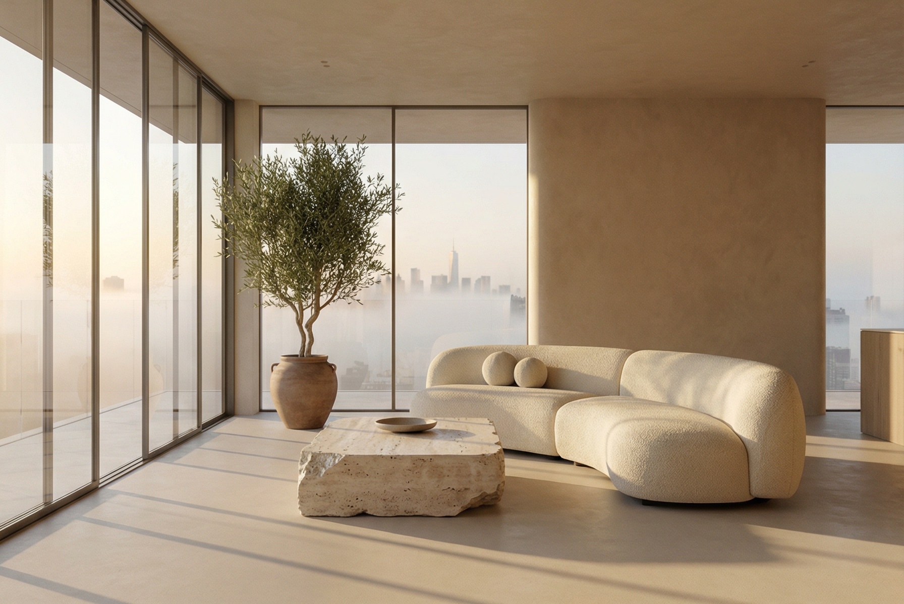Architectural visualization, interior design photography. A spacious, high-end living room in a luxury penthouse with a Wabi-sabi and Japandi aesthetic. Floor-to-ceiling glass windows overlooking a foggy city skyline at sunrise. The room features a curved cream-colored bouclé sofa, a rough-hewn travertine coffee table, and a large indoor olive tree in a clay pot. The walls are textured micro-cement in warm beige tones. Soft, volumetric morning sunlight streams in, casting long, soft shadows across the floor. Minimalist, serene, photorealistic, Unreal Engine 5 render style, 8k resolution.