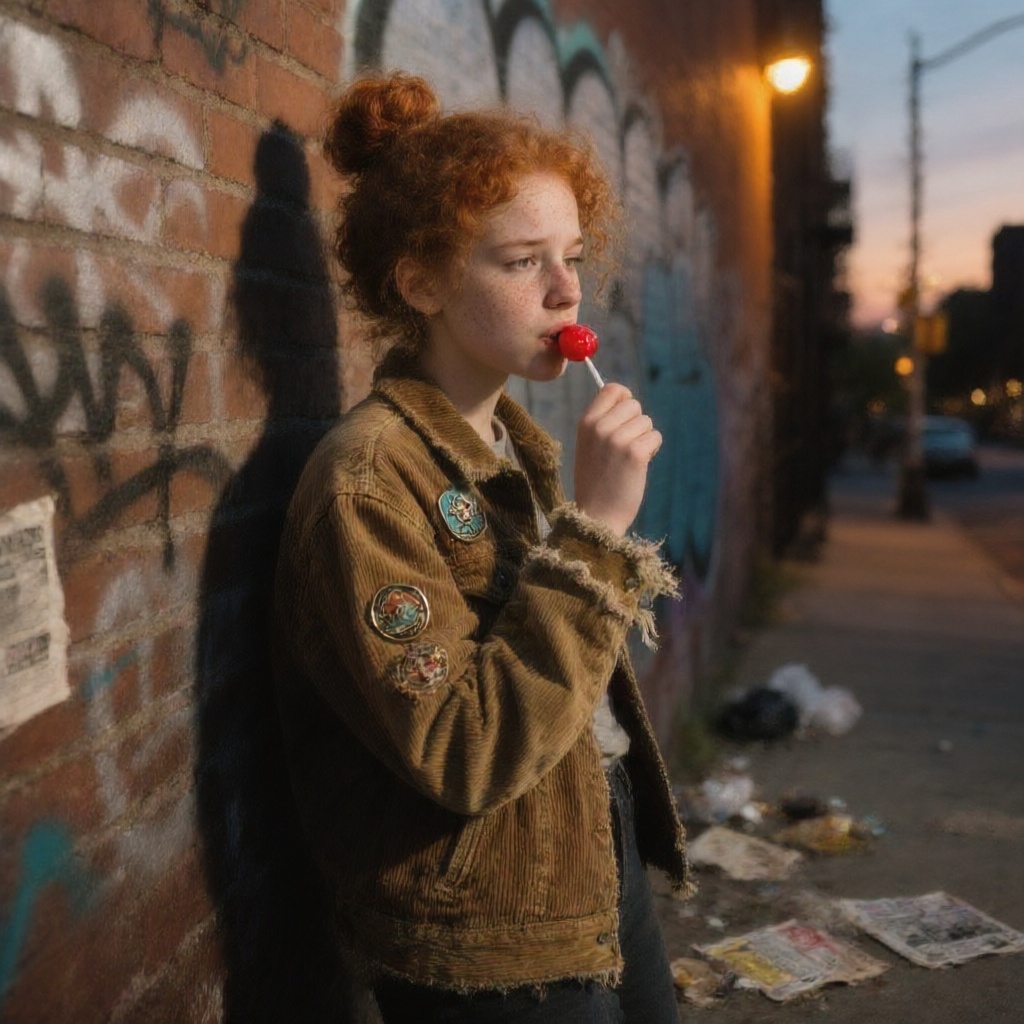 A freckled teenage girl with untamed auburn curls pulled into a loose bun, wearing a corduroy jacket with frayed sleeves and vintage enamel pins, leaning against a graffiti-covered brick wall in Brooklyn at dusk, chewing a red lollipop, scattered trash and old flyers around her feet, amber streetlight casting a long shadow behind her, expression caught between boredom and defiance
