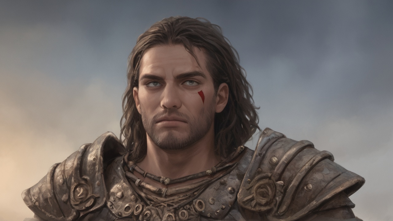 A man with half-face tribal makeup, wearing textured leather armor, holding an ancient artifact, mystical fog around him, cinematic fantasy portrait, highly detailed.