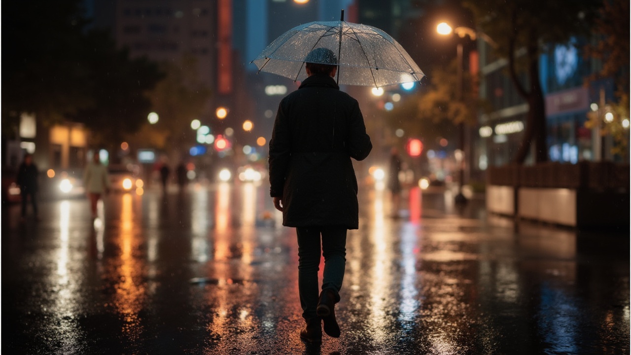 a person holding a transparent umbrella, walking in the rain, viewed from behind, city lights reflected on wet ground, night mood, soft bokeh, no face visible