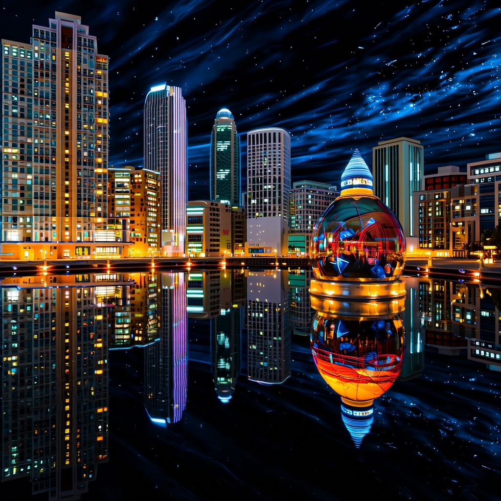 Convert to surreal dreamscape with floating buildings, inverted reflections, and glowing skies