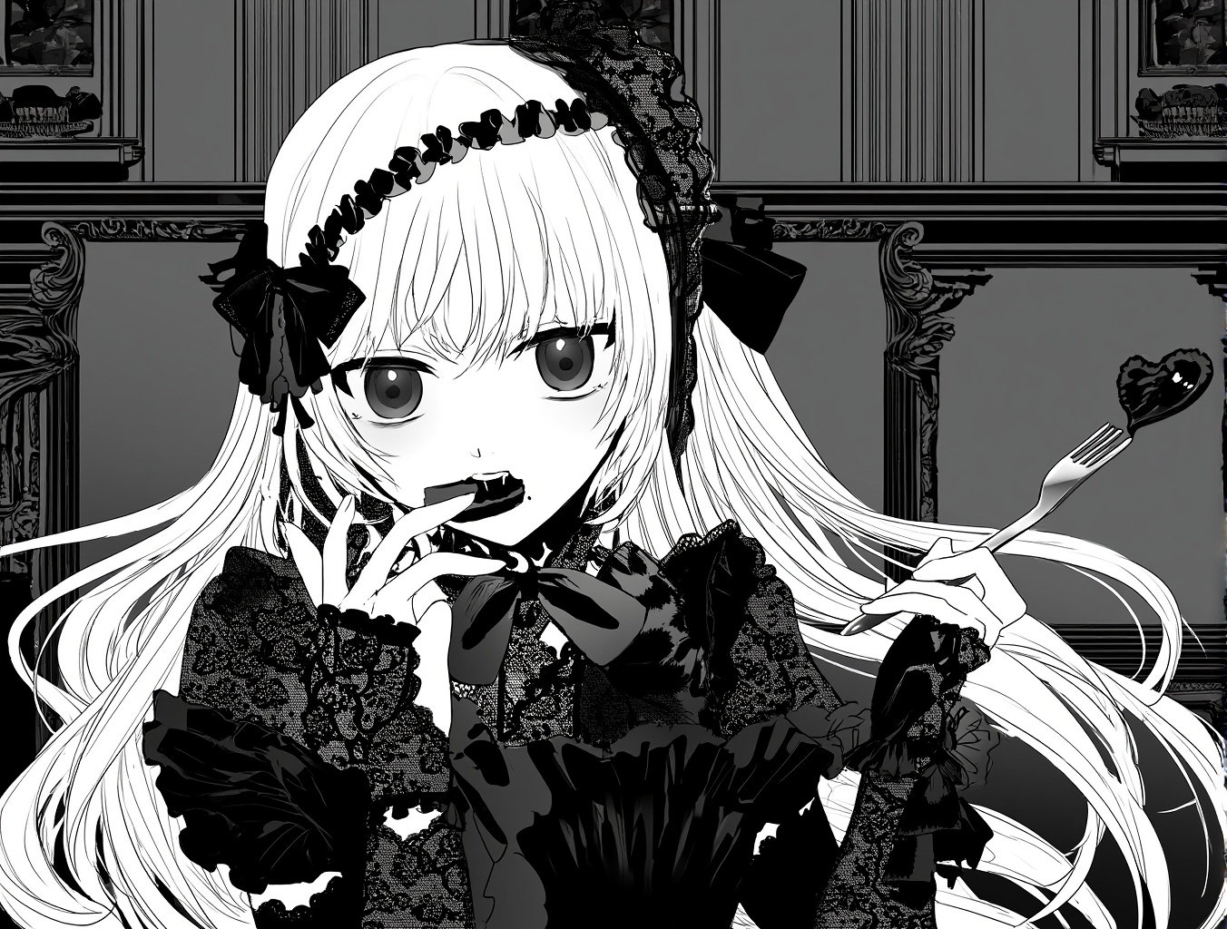 lineart, greyscale, ,1girl, blonde hair, long hair, gothic lolita, black lace, frills, ribbons, cake, eating, open mouth, elegant, teasing expression, silver fork, gloves, vintage interior, romantic lighting, dark aesthetic, detailed outfit, digital art