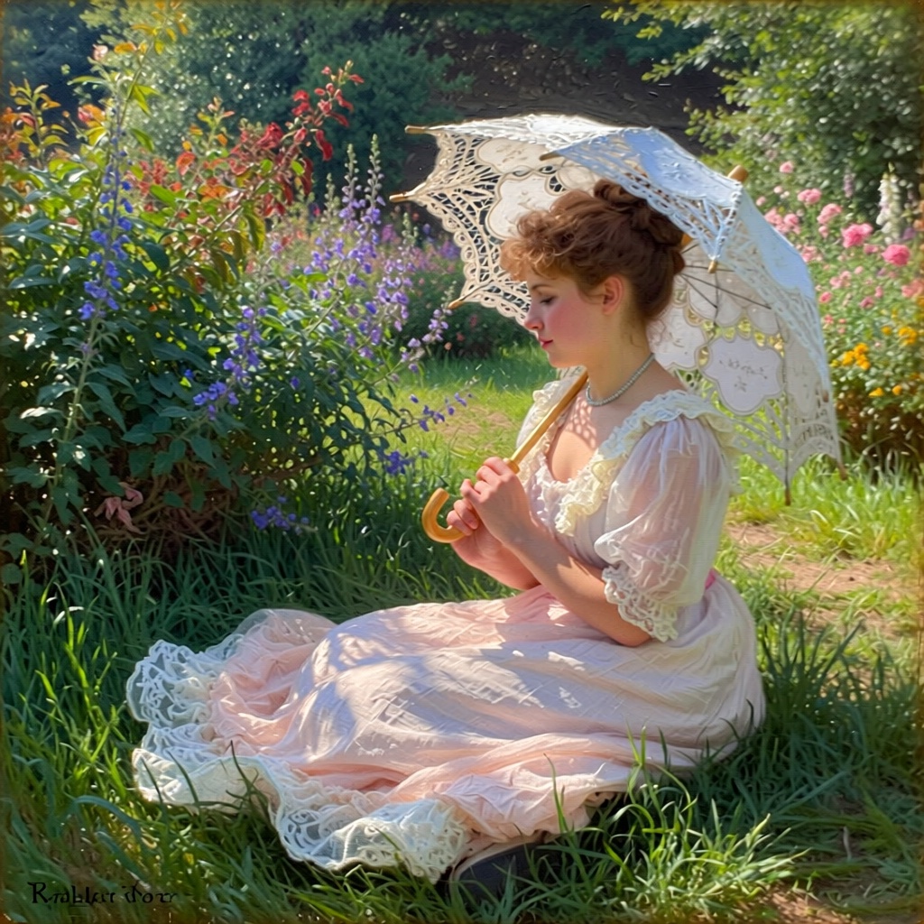 An Impressionist oil painting of a woman sitting in a sun-dappled garden, holding a parasol, in the style of Claude Monet. Visible, broken brushstrokes. The focus is on the fleeting play of light and shadow on her white dress and the vibrant, dappled colors of the flowers. Soft focus, bright, airy atmosphere.