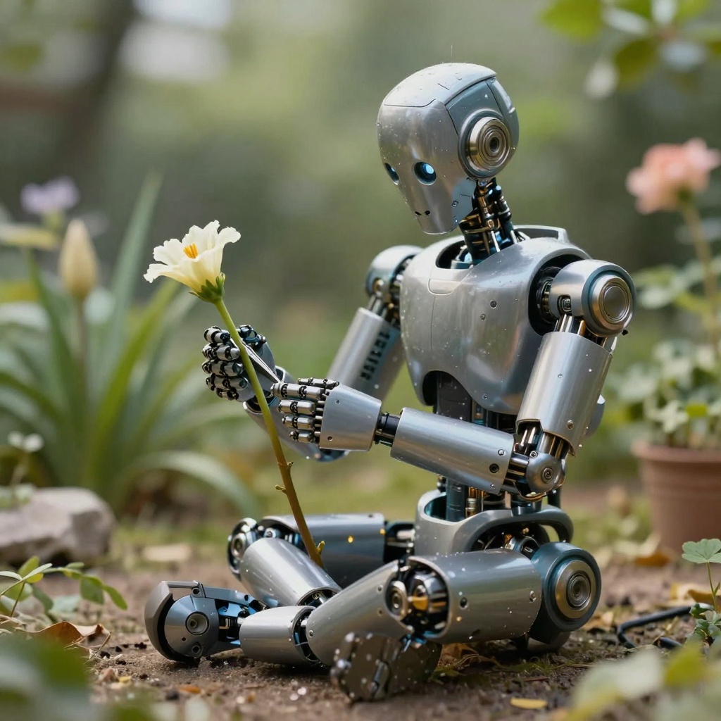 An ultra-detailed robot sitting in a quiet garden carefully repairing a broken flower stem with tiny mechanical tools, soft sunlight, beautiful depth of field, metallic and organic textures blending naturally