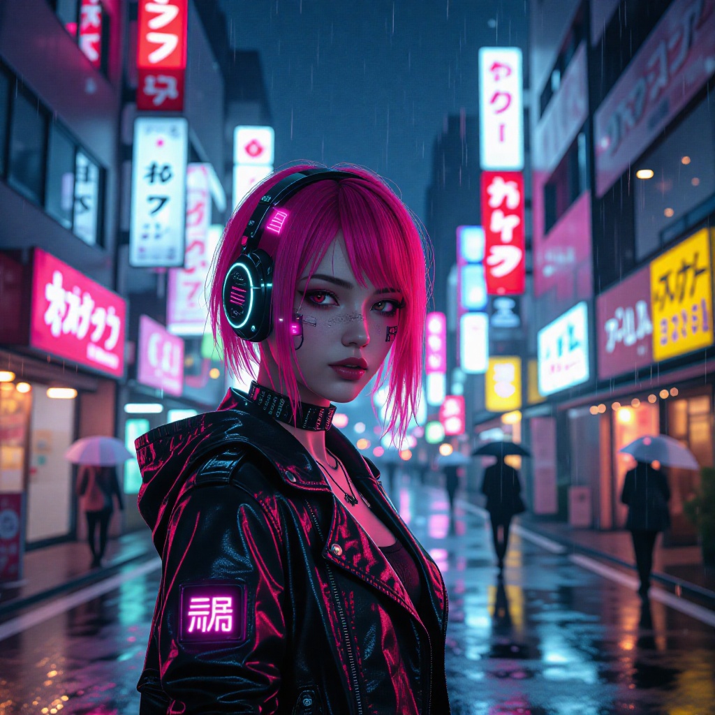 Cyberpunk girl with neon pink hair and glowing implants walking through rainy Tokyo streets, reflections, neon signs, 4K hyper-detail, Blade Runner vibes