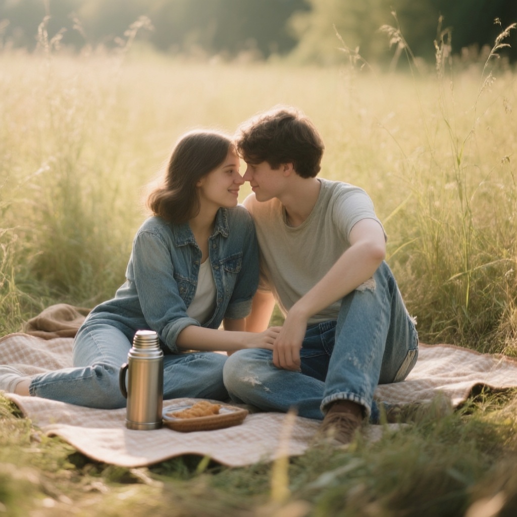 A young couple sitting on a picnic blanket in an overgrown field, dappled sunlight through tall grass, soft focus background, worn jeans, vintage thermos, intimacy and warmth in their posture
