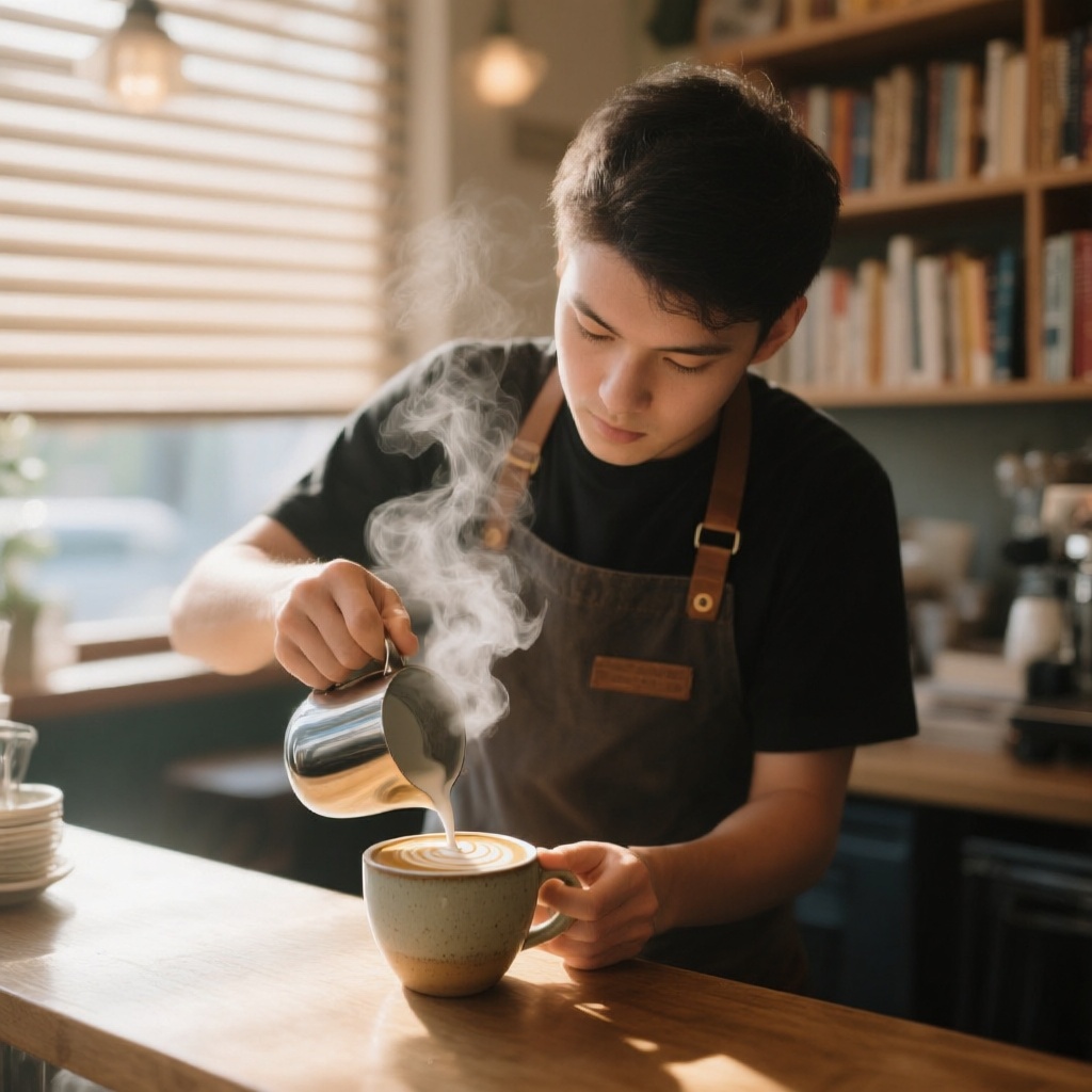 A barista in a cozy café pouring latte art into a ceramic cup, soft morning sunlight streaming through the window blinds, coffee steam rising in the air, bookshelves in the background
