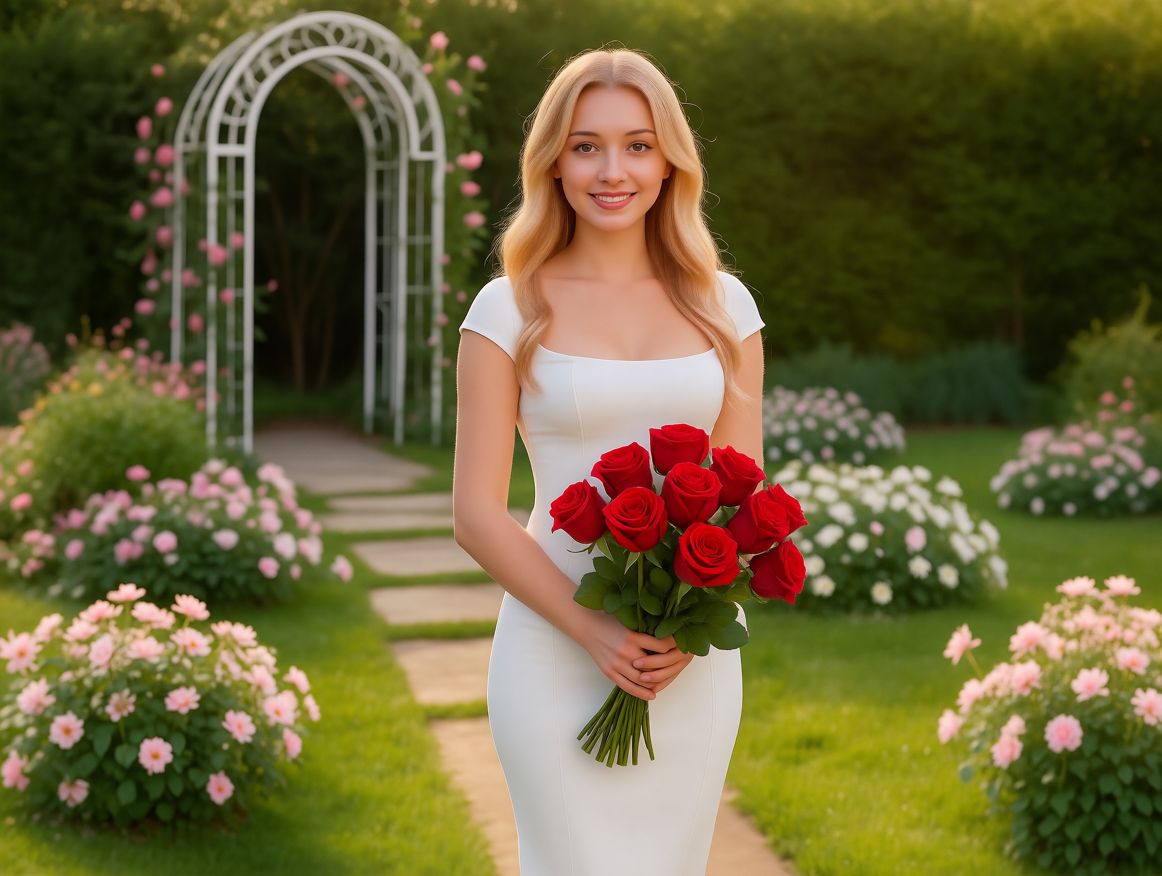 The girl holds a bouquet of roses.