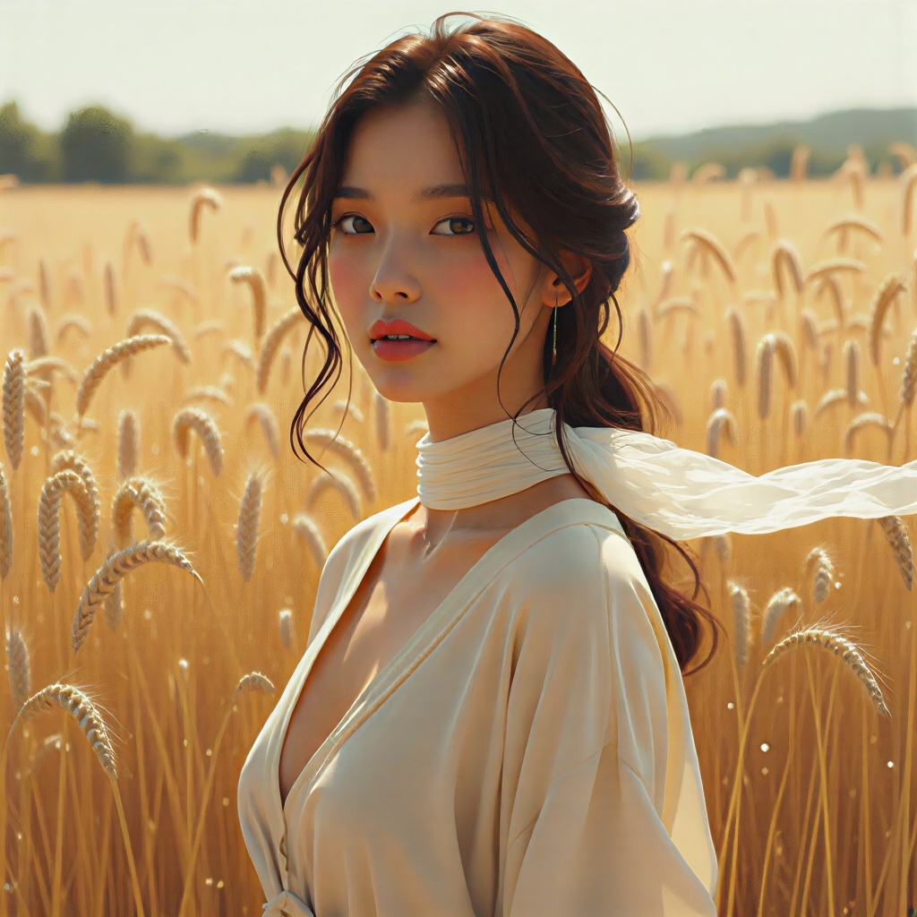 A white translucent silk scarf is wrapped around the neck and flutters in the wind.