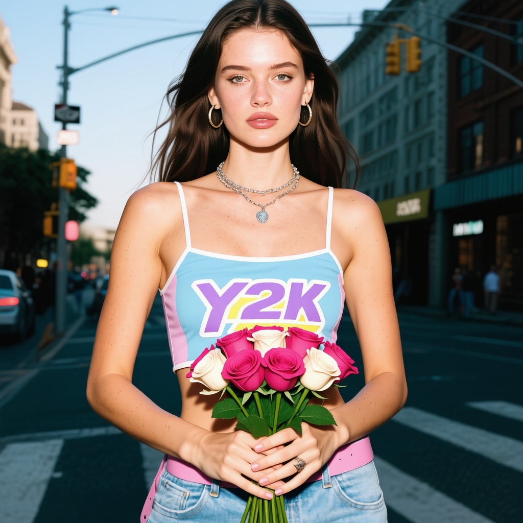 The girl holds a bouquet of roses.