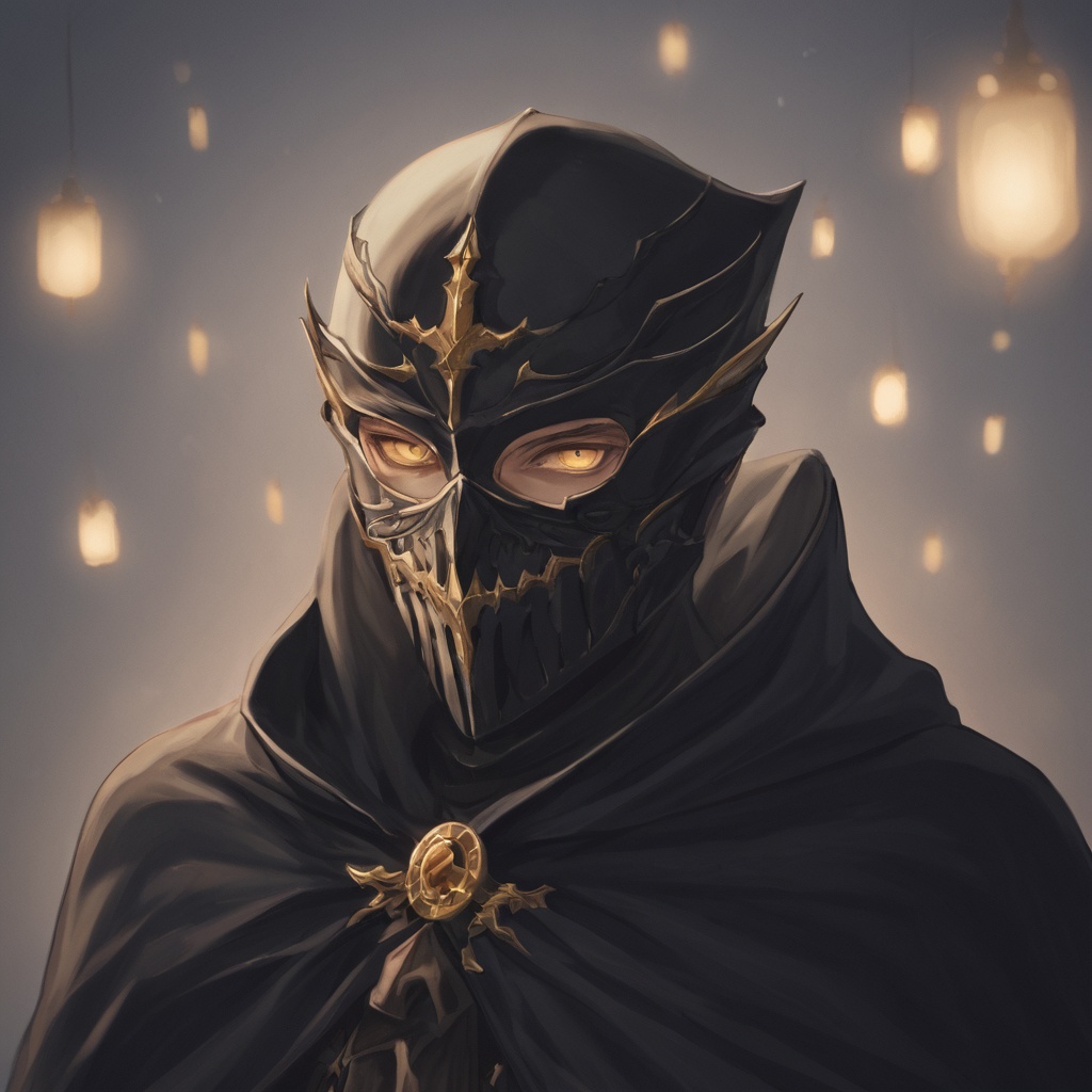 A mysterious man with half-face mask and golden eye makeup, wearing a black velvet cloak, surrounded by floating lanterns, mystical atmosphere, highly detailed fantasy portrait.