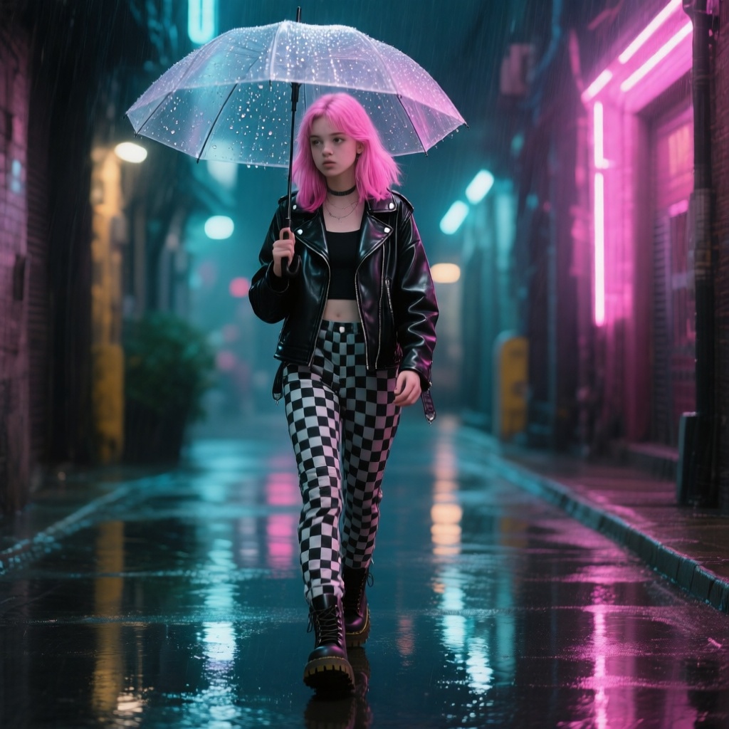 A trendy teenage girl with pink-dyed hair and a black leather jacket walking down a neon-lit alley on a rainy night. She holds a transparent umbrella with raindrops glistening on it, and wears checkered pants with chunky boots. Reflections on the wet pavement, cinematic urban lighting, hyperreal detail in facial expression and textures.